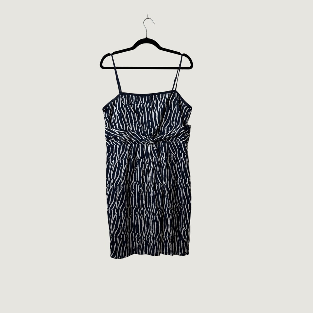 Ann Taylor LOFT Dress 12 Navy Blue White Abstract Print Coastal Preppy Hamptons